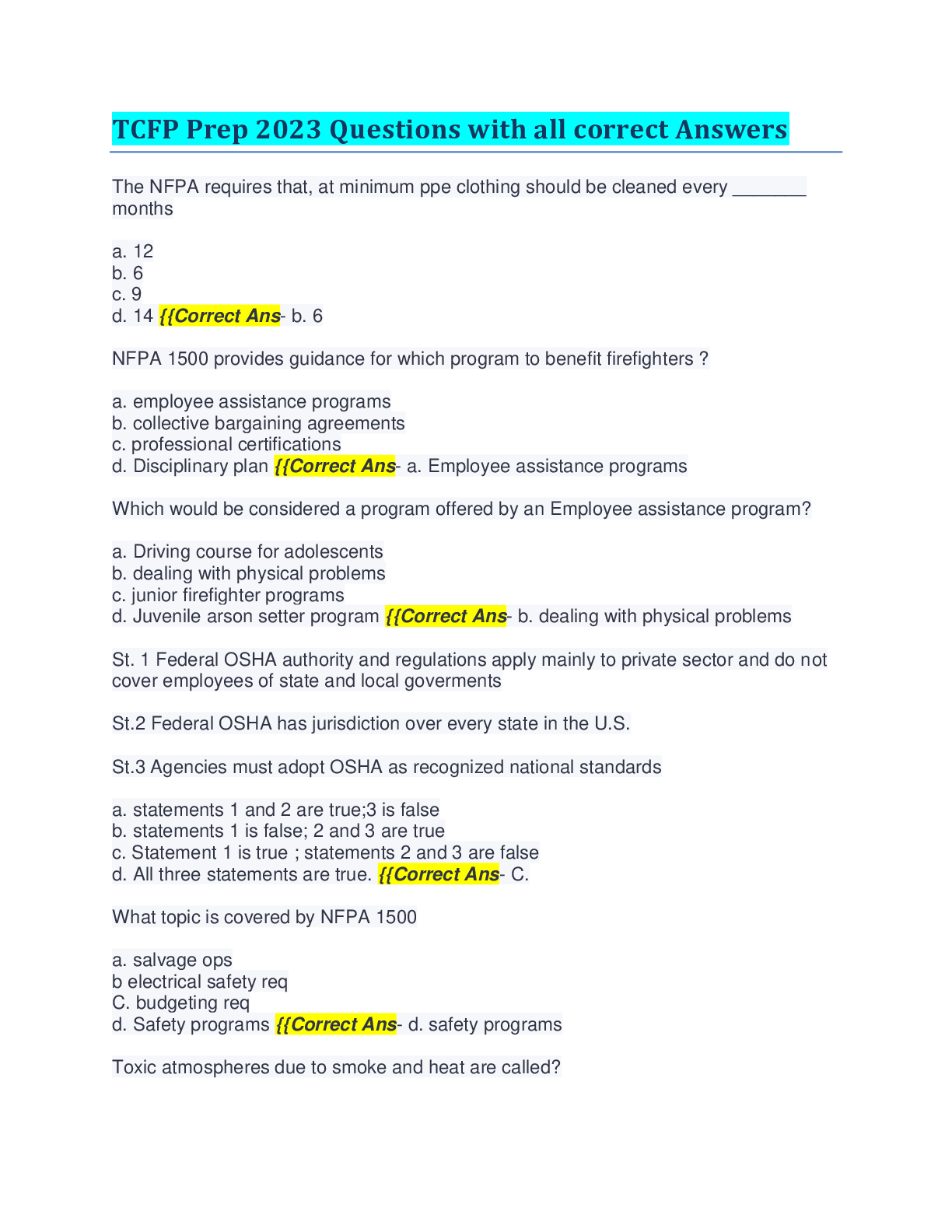 Preview of TCFP Prep 2023 Questions with all correct Answers
